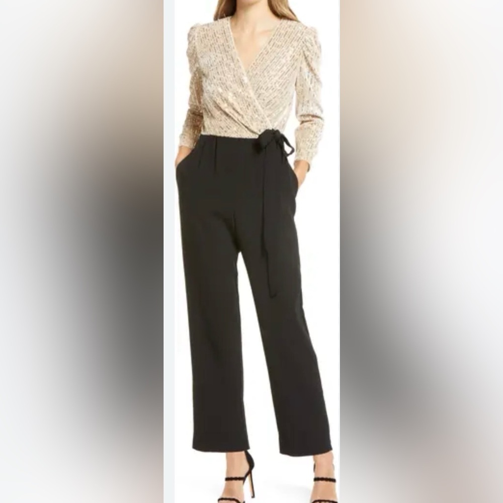 Julia Jordan Sequin Bodice Puff Three Quarter Sleeve Wrap Jumpsuit